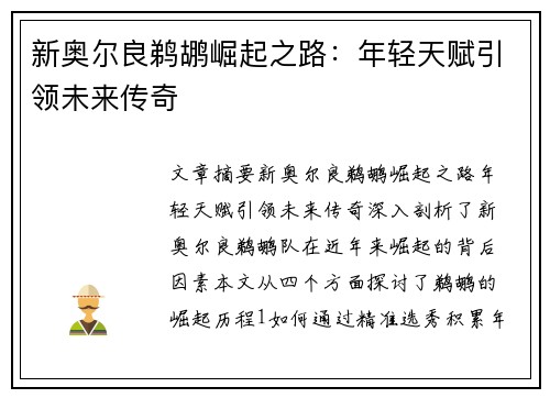 新奥尔良鹈鹕崛起之路：年轻天赋引领未来传奇